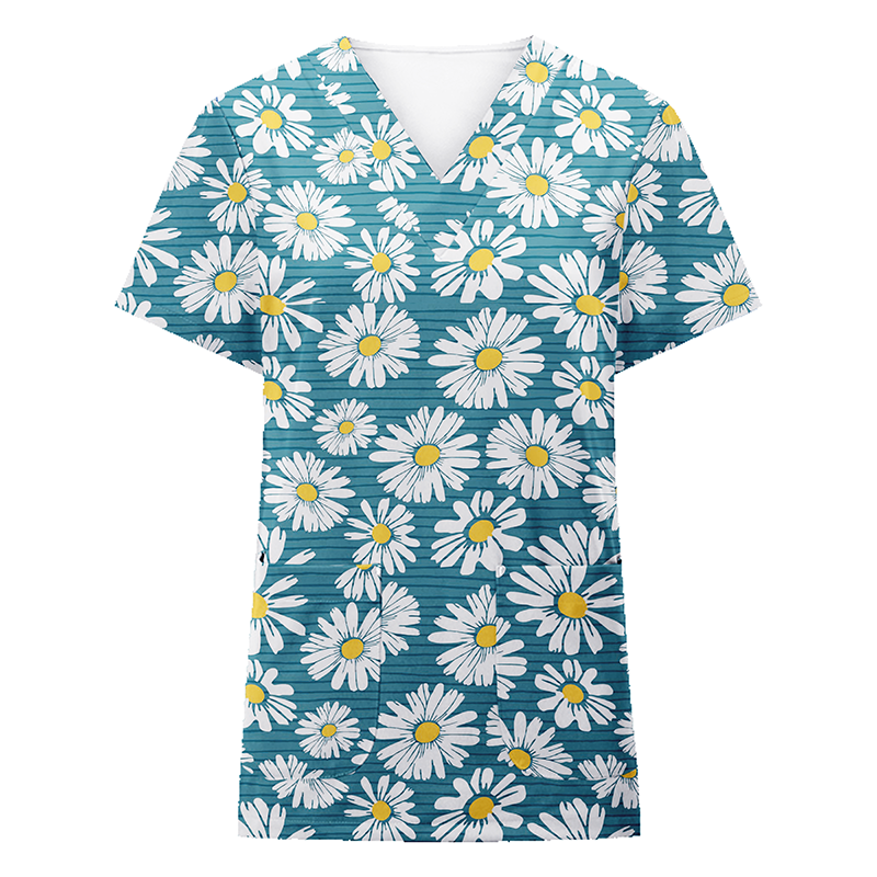 V Neck Digital Printing Printed Short Sleeve Top Womens Scrubs Hospital Medical Shirt Scrubs Top Womens Scrubs Uniform Top