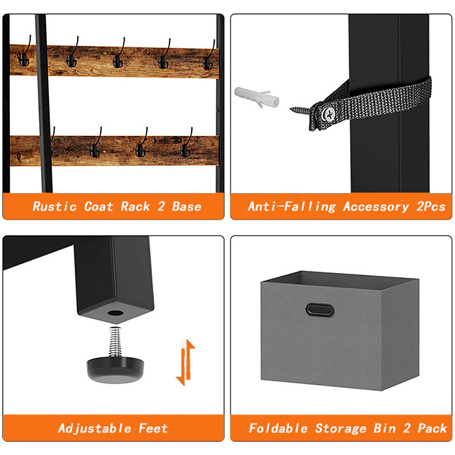 HB Hall Tree with Side Storage Shelves, Entryway Hall Tree with Shoe Bench and Coat Racks and 2 Foldable Cube Storage Bins