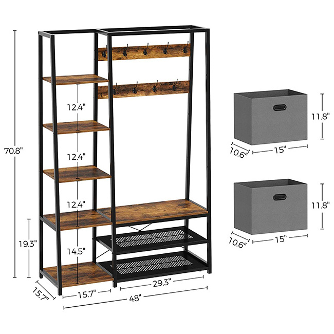 HB Hall Tree with Side Storage Shelves, Entryway Hall Tree with Shoe Bench and Coat Racks and 2 Foldable Cube Storage Bins