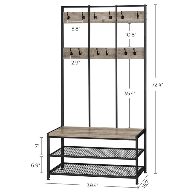 HB Large Coat Rack Stand Coat Tree with 12 Hooks and Shoe Bench in Industrial Design Hall Tree  Multifunctional Hallway Shelf