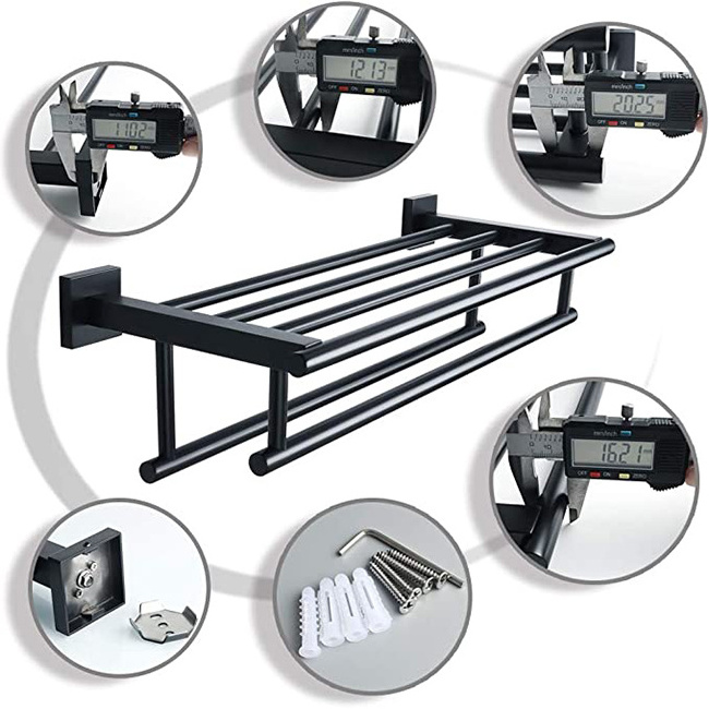 Bathroom Towel rack with Two Towel Bars Wall Mount Holder,304 Stainless Steel Matte Black