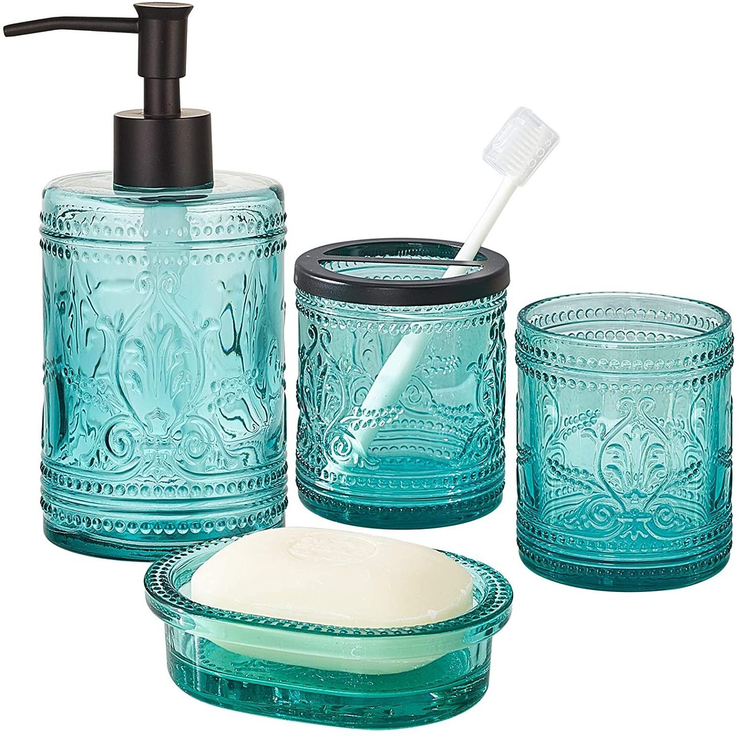 HB QITERI Teal Blue Glass Decorative Set Bathroom Accessories Set 4PCS for bathroom