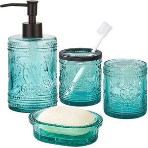 HB QITERI Teal Blue Glass Decorative Set Bathroom Accessories Set 4PCS for bathroom