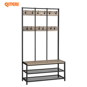 HB Large Coat Rack Stand Coat Tree with 12 Hooks and Shoe Bench in Industrial Design Hall Tree  Multifunctional Hallway Shelf