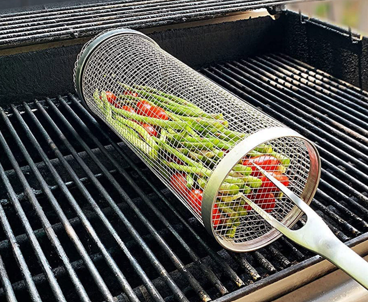 stainless steel barbecue wire mesh net cylinder rolling grill basket for camping picnic