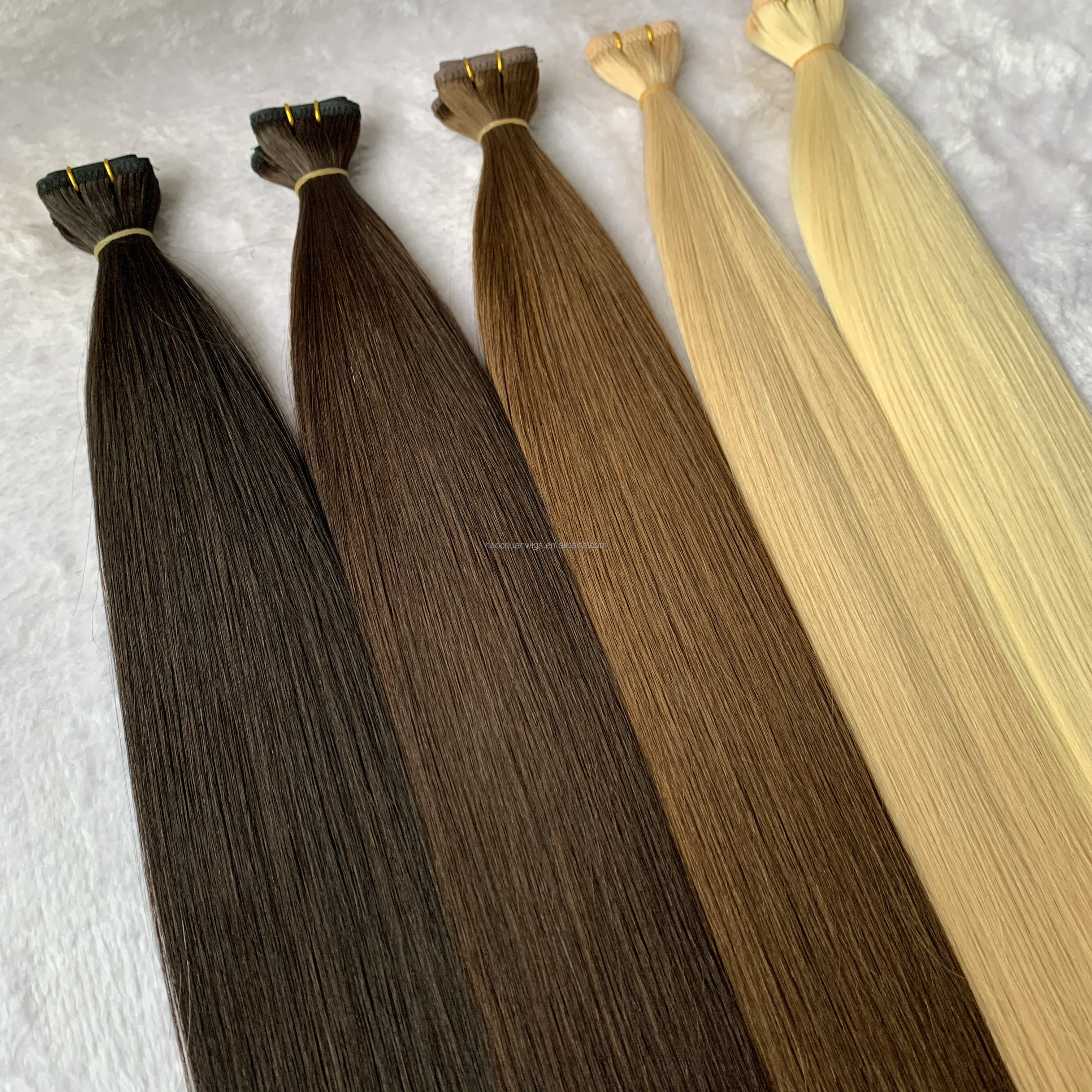 Russian All Color Can Be Customized Human Hair Extension Seamless Thin Flat Weft Factory Price 100% Virgin Cuticle Remy Aligned