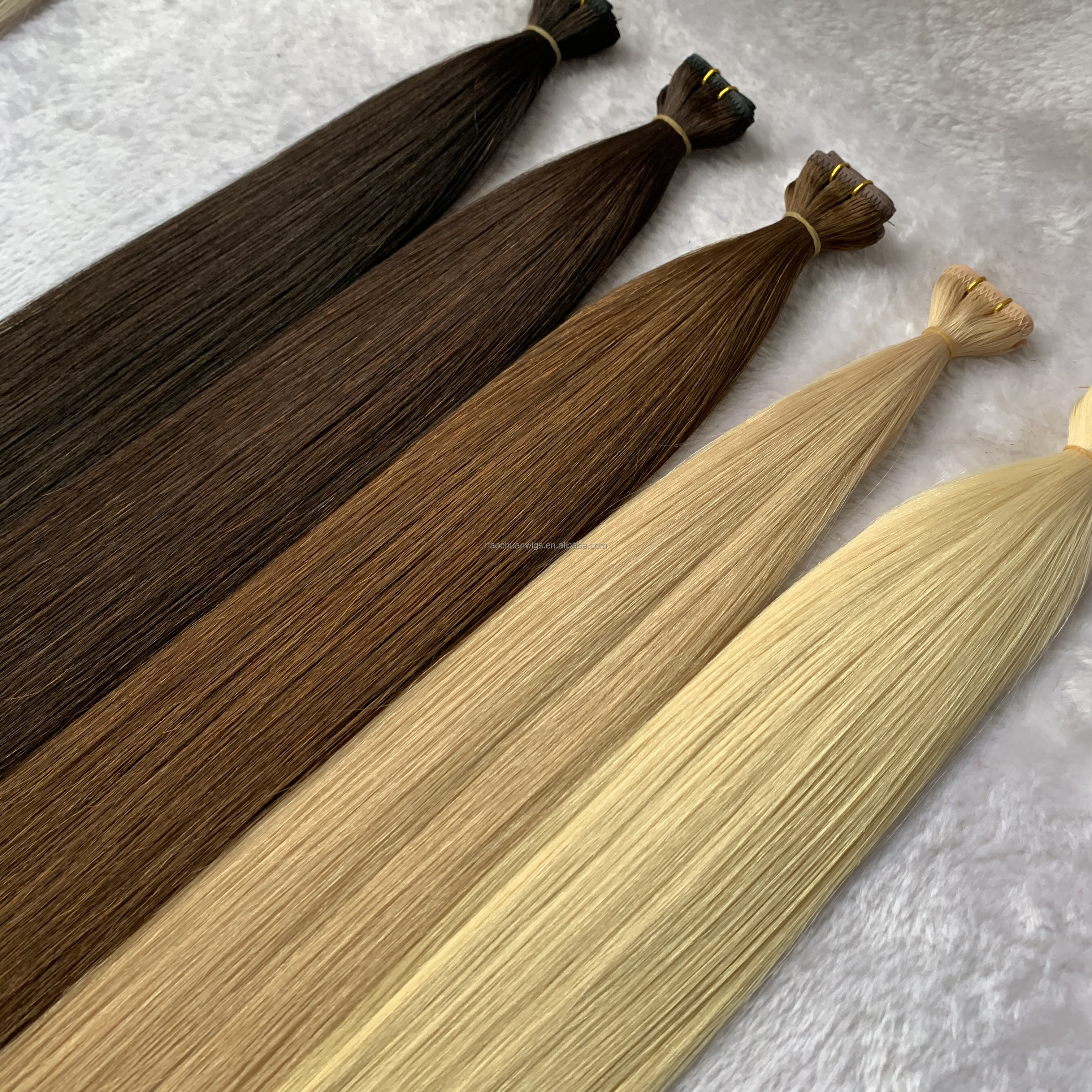 Russian All Color Can Be Customized Human Hair Extension Seamless Thin Flat Weft Factory Price 100% Virgin Cuticle Remy Aligned