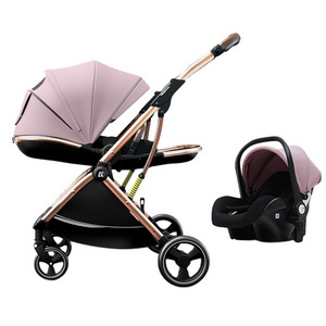 2023 New 809 Leather Baby Carriage Model 2 in 1 Travel Stroller Golden Frame Pink Lightweight Baby Stroller with Car Seat