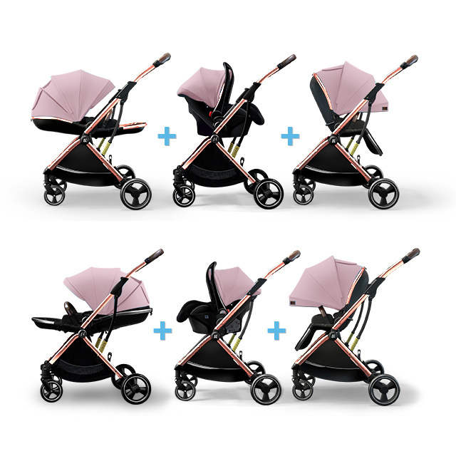 2023 New 809 Leather Baby Carriage Model 2 in 1 Travel Stroller Golden Frame Pink Lightweight Baby Stroller with Car Seat