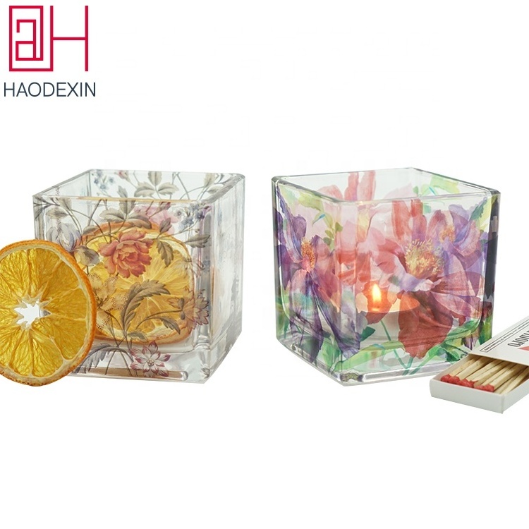 HAODEXIN 8oz square scented glass candle holder luxury decal cube candle jars glass with metal lid for candle wax filling