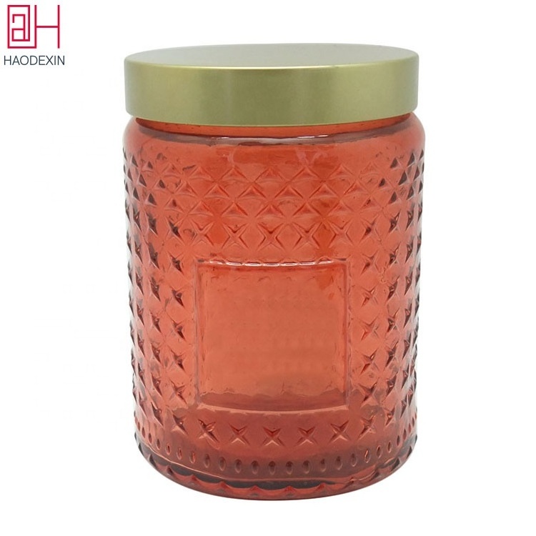 HAODEXIN embossed storage glass candle jars with tinplate metal lids stickers 16oz 17oz 18oz luxury candle jar for candle making