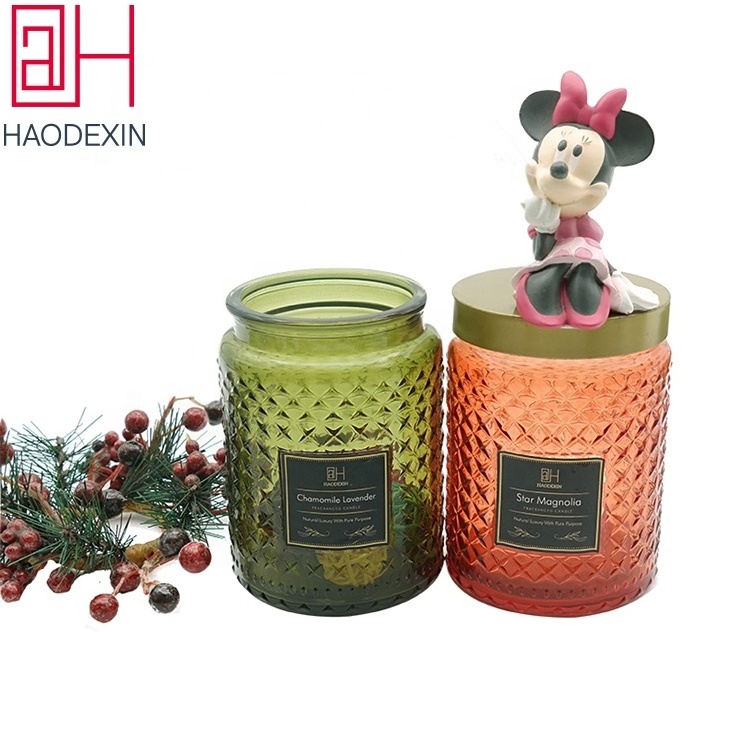 HAODEXIN embossed storage glass candle jars with tinplate metal lids stickers 16oz 17oz 18oz luxury candle jar for candle making