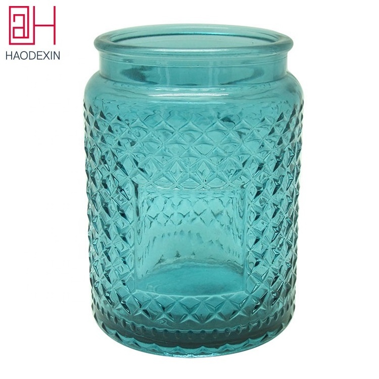 HAODEXIN embossed storage glass candle jars with tinplate metal lids stickers 16oz 17oz 18oz luxury candle jar for candle making