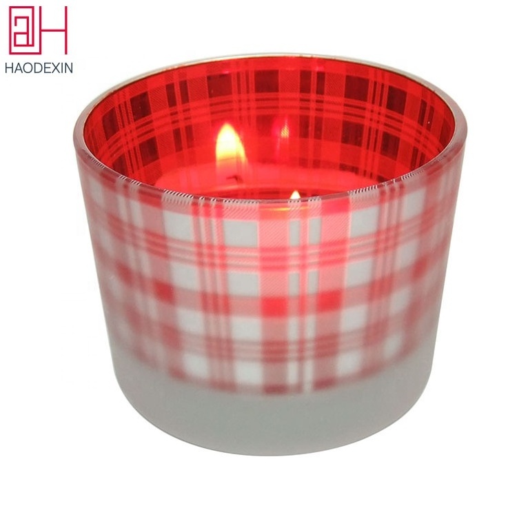 HAODEXIN Christmas plaid votive tea light candle holders frosted glass candle jars 4.5oz cute white red home party decoration