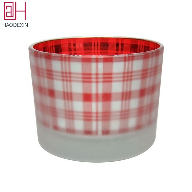 HAODEXIN Christmas plaid votive tea light candle holders frosted glass candle jars 4.5oz cute white red home party decoration