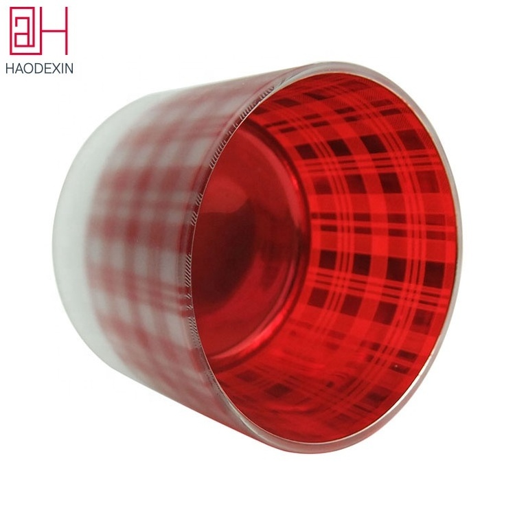 HAODEXIN Christmas plaid votive tea light candle holders frosted glass candle jars 4.5oz cute white red home party decoration