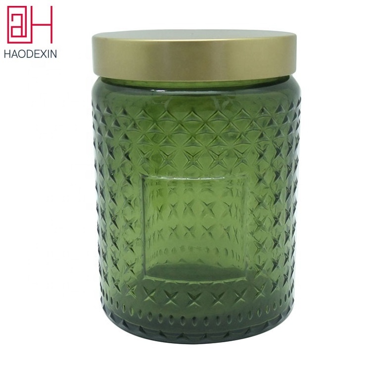 HAODEXIN embossed storage glass candle jars with tinplate metal lids stickers 16oz 17oz 18oz luxury candle jar for candle making