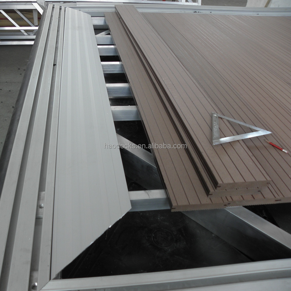 Marina floating dock metal structure with decking of WPC or hard wood or vinyl panel or grating