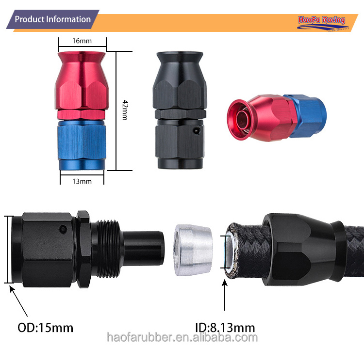 Blue red ptfe tube hydraulic hose fittings 8an straight adapter 45 degree 90 degree forged an10 an6 ptfe fuel fitting an8