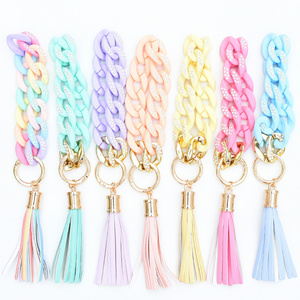 New Arrival Popular U-shaped Colored Acrylic Chain Rhinestone Keychain Wristlet Leather Tassel Bracelet Keychain