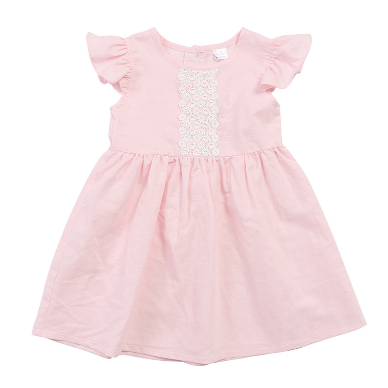 Wholesale baby clothes girls pink Crinkle cotton cloth dress O-Neck dresses with lace