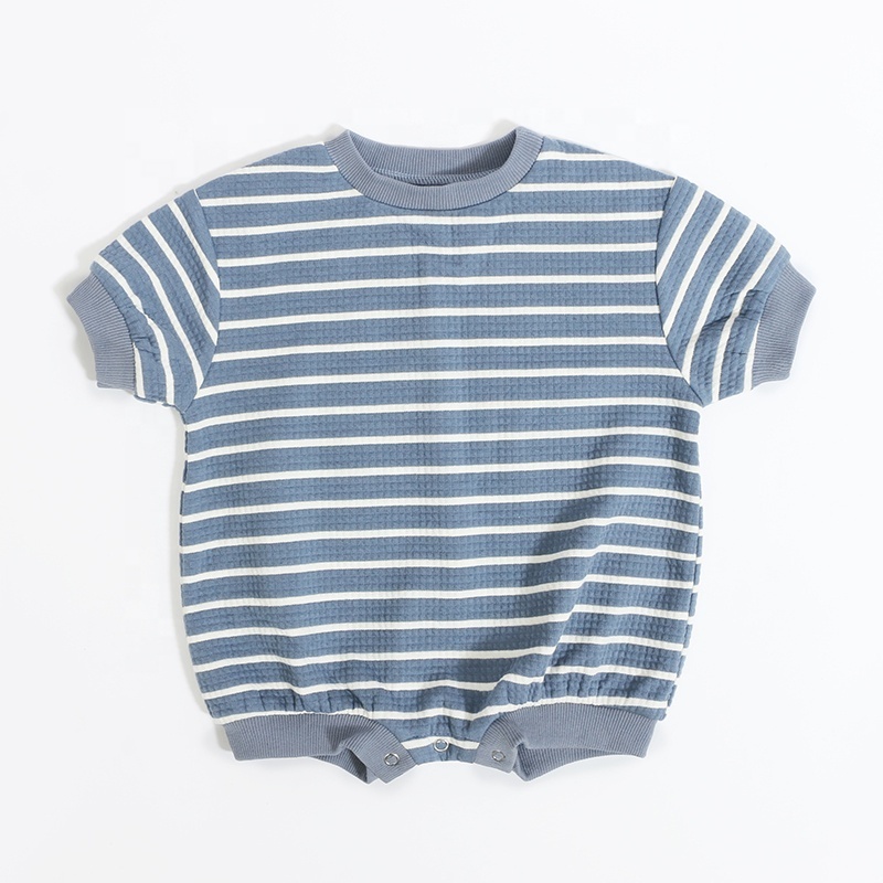 Gender neutral knit cloth baby bubble rompers striped short sleeve kids clothing