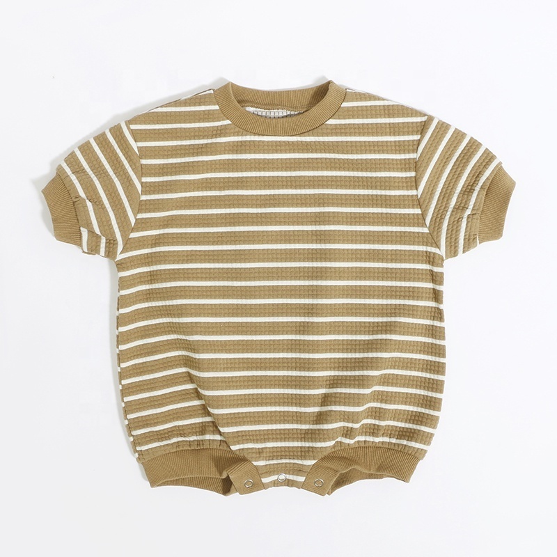 Gender neutral knit cloth baby bubble rompers striped short sleeve kids clothing