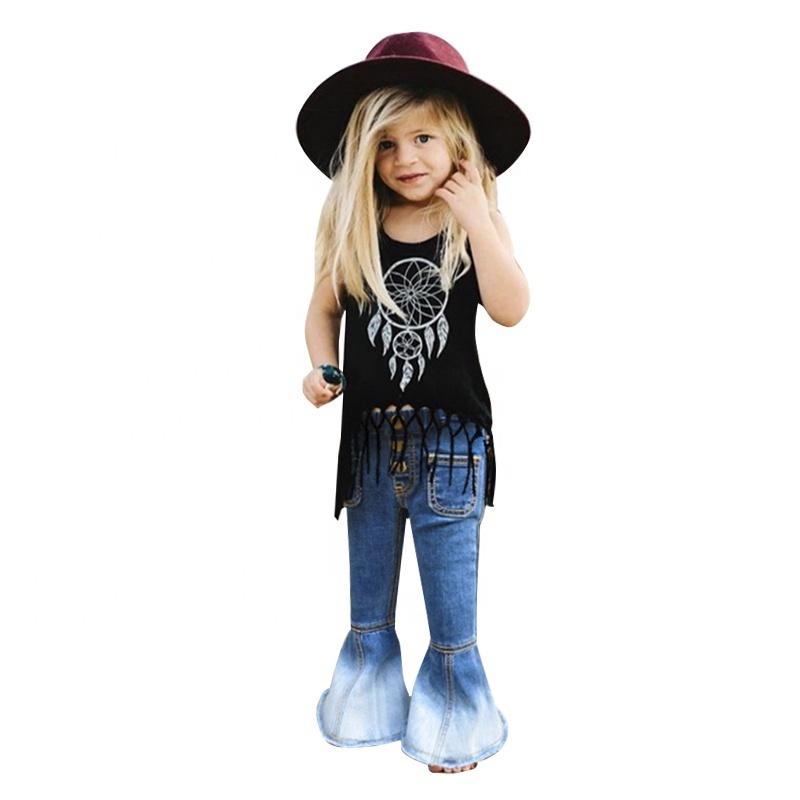 2022 New Design Children Girl Clothing Jeans Bell Bottoms Long Pure Color Baby Girl Customized Denim Pants