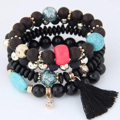 D2364 Women Multilayer Rhinestone Bracelet Bohemian Wristband Bangles Multilayer Chain Candy Beads Tassel Bracelets