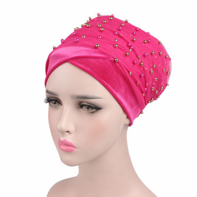 E991 Women Velvet Gauze Mesh Flower Long Tail National Cap Bandana Head Bonnet Hijab Head Wrap Muslim Pearl Turban Hat