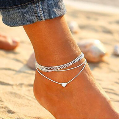 DS079 Women Girls Bohemian Beach Ankle Chain Adjustable Bracelet Foot Jewelry Silver Plated Beaded Heart Charm Anklet