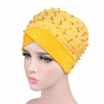 E991 Women Velvet Gauze Mesh Flower Long Tail National Cap Bandana Head Bonnet Hijab Head Wrap Muslim Pearl Turban Hat