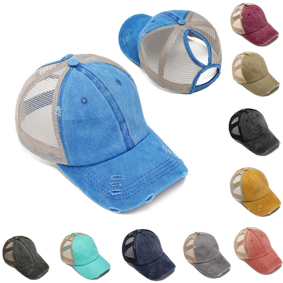 J102  Chic Unisex Summer Sun Protection Truck Hats Ponytail Baseball Hats Outdoor Adjustable Mesh Baseball Caps