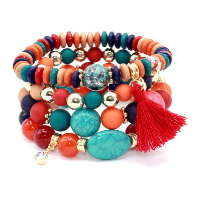 D2364 Women Multilayer Rhinestone Bracelet Bohemian Wristband Bangles Multilayer Chain Candy Beads Tassel Bracelets