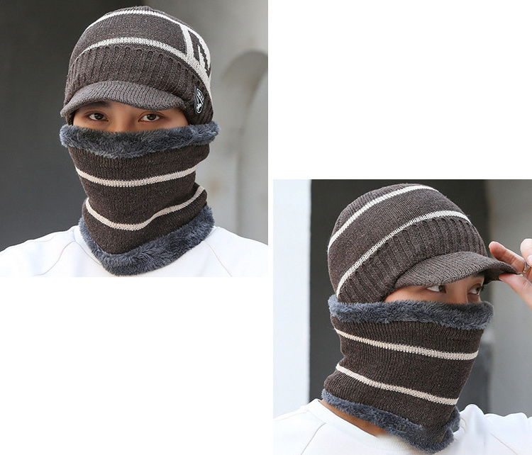 HJH463 Visor Brim Earflap Beanie Hat with Circle Scarf Knitted Thicken Plush Lined Skullies Cap Windproof Winter Hats Scarf Set