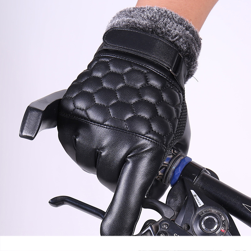 DS38 Winter Cycling Driving Leather Mittens Thickened Work Waterproof Leather Gloves Man Black Touch Screen Pu Gloves