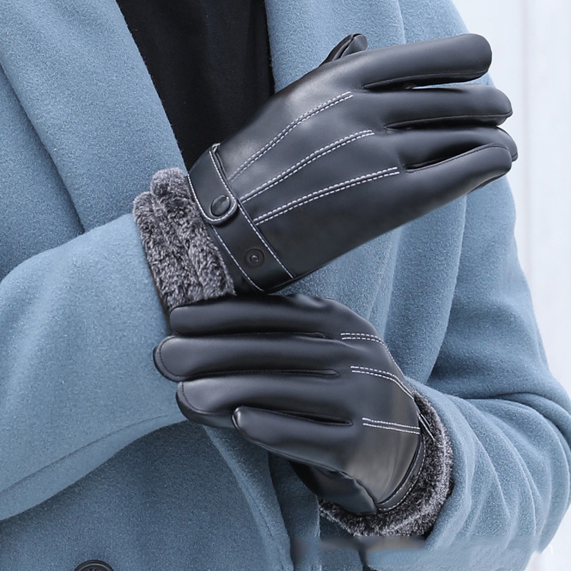 DS38 Winter Cycling Driving Leather Mittens Thickened Work Waterproof Leather Gloves Man Black Touch Screen Pu Gloves