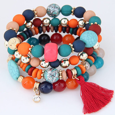 D2364 Women Multilayer Rhinestone Bracelet Bohemian Wristband Bangles Multilayer Chain Candy Beads Tassel Bracelets