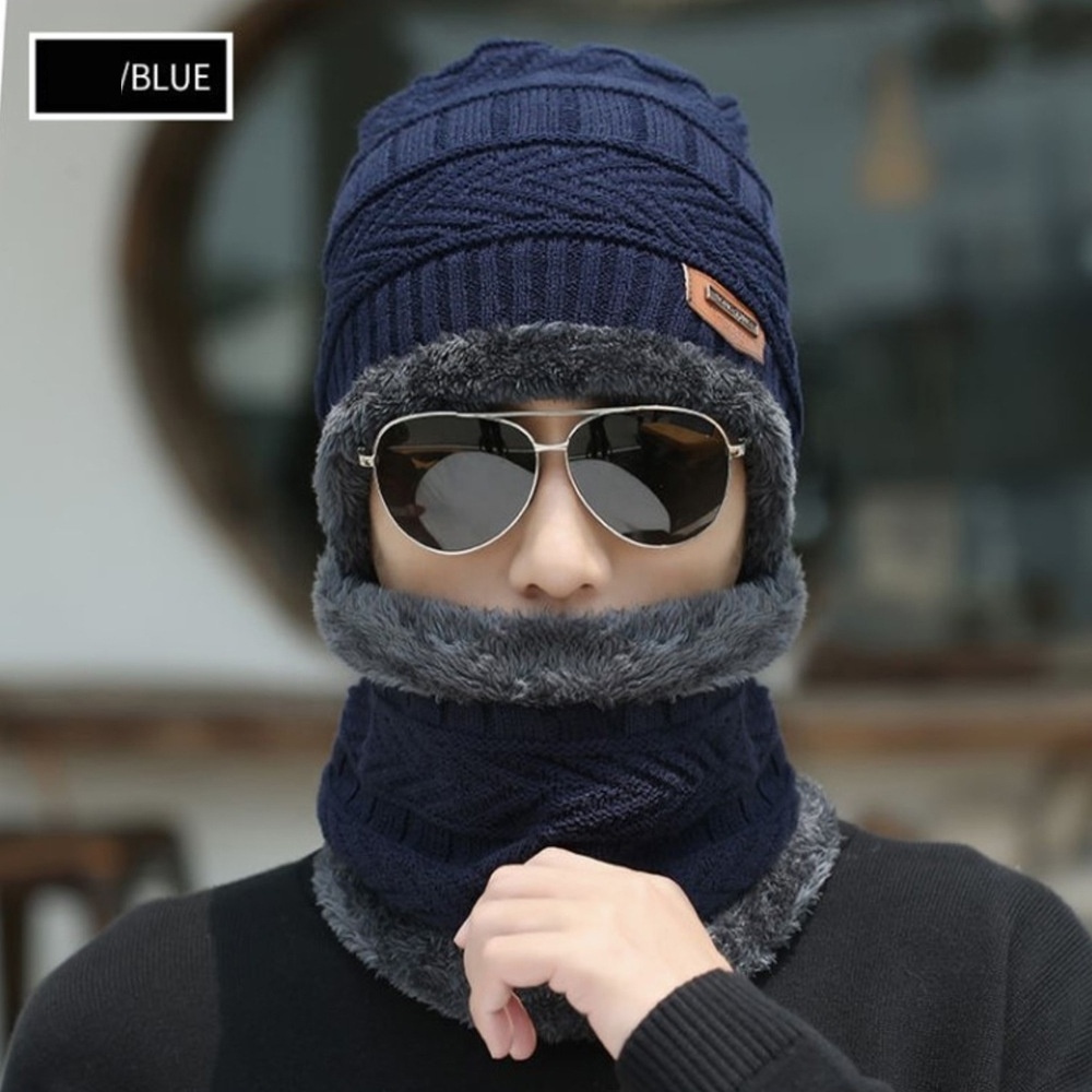 Z34  Soft Thicken Wool Ski Hat Men Warm Hats Neck Warm Winter Wool Hat Set Women Men Beanie Knitted Cap Scarf Set