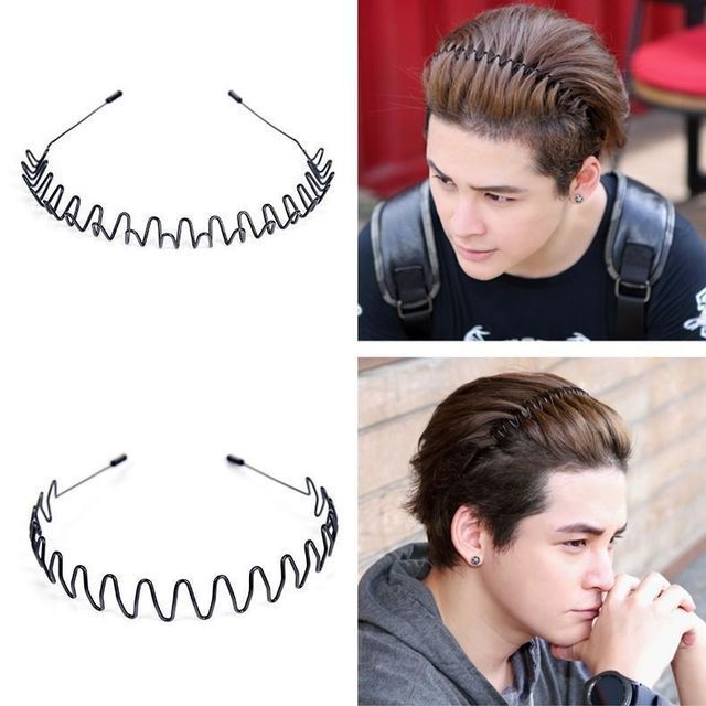 DS051 Black Unisex Slicked Back Elastic Headband Men Women Non Slip Sports Headwear Accessories Metal Spring Wavy Hair Hoop