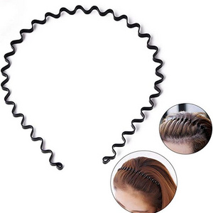 DS051 Black Unisex Slicked Back Elastic Headband Men Women Non Slip Sports Headwear Accessories Metal Spring Wavy Hair Hoop