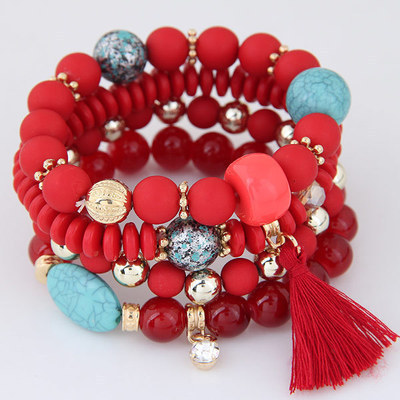 D2364 Women Multilayer Rhinestone Bracelet Bohemian Wristband Bangles Multilayer Chain Candy Beads Tassel Bracelets