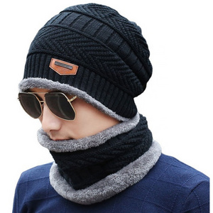 Z34  Soft Thicken Wool Ski Hat Men Warm Hats Neck Warm Winter Wool Hat Set Women Men Beanie Knitted Cap Scarf Set