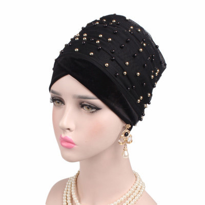 E991 Women Velvet Gauze Mesh Flower Long Tail National Cap Bandana Head Bonnet Hijab Head Wrap Muslim Pearl Turban Hat