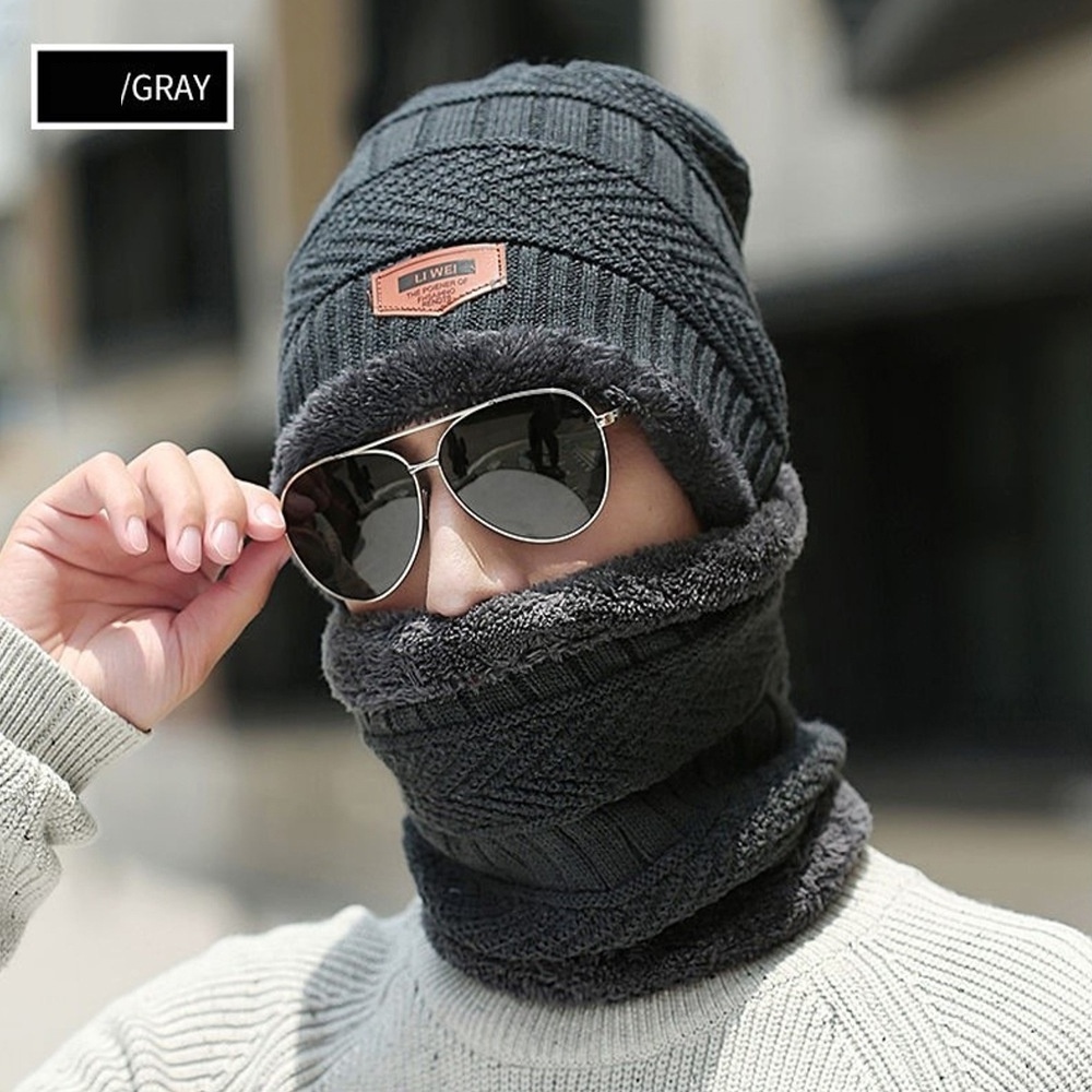 Z34  Soft Thicken Wool Ski Hat Men Warm Hats Neck Warm Winter Wool Hat Set Women Men Beanie Knitted Cap Scarf Set