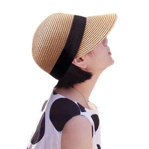 FF1486 Summer Women Straw Baseball Cap Outdoor Travel Golf Beach Sun Hat French Elegant Straw Sun Visor Hat