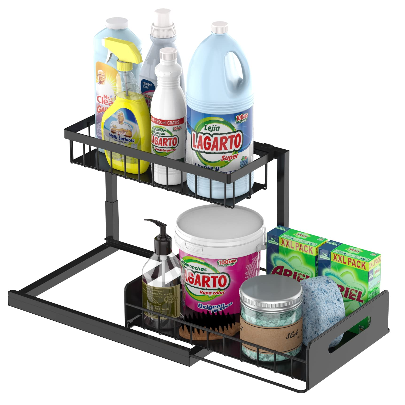 Pull Out Cabinet Organizer 2-Tier Slide Out  Under Cabinet Storage Multi-Use for Under Kitchen Bathroom Sink Organizers