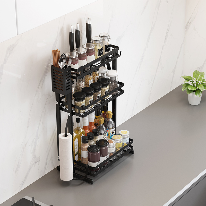 2022 new black two-story floor-to-ceiling countertop seasoning folding rack oil salt sauce vinegar multi-layer storage rack