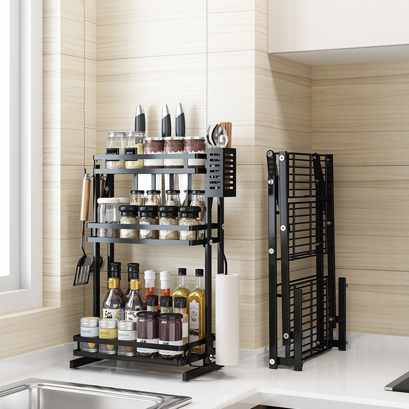 2022 new black two-story floor-to-ceiling countertop seasoning folding rack oil salt sauce vinegar multi-layer storage rack