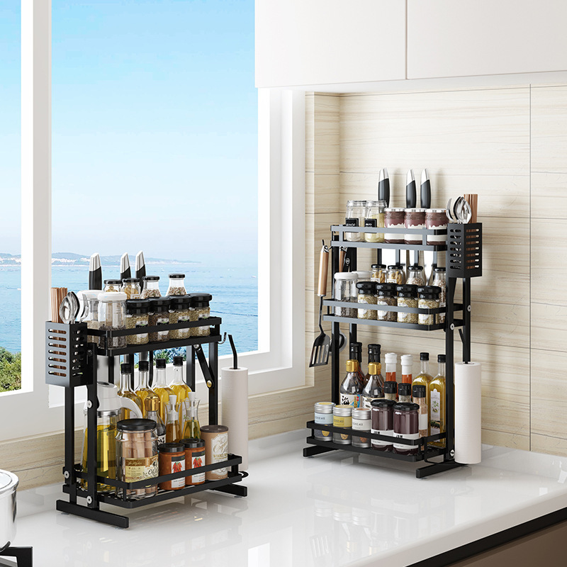 2022 new black two-story floor-to-ceiling countertop seasoning folding rack oil salt sauce vinegar multi-layer storage rack